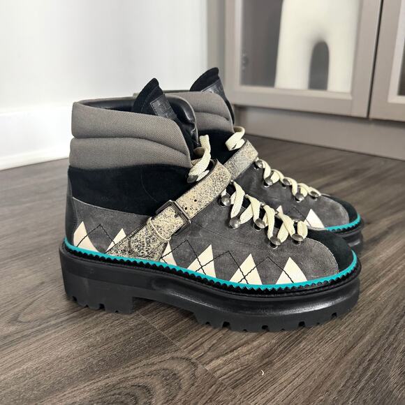 Bally Manilo Hiking Boots NEW Black Grey Turquoise Trim Suede Lug Sole Size 38 - Picture 1 of 7